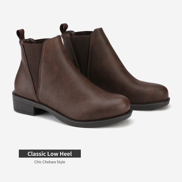 Chunky Low Heel Ankle Booties - BROWN PU - 4